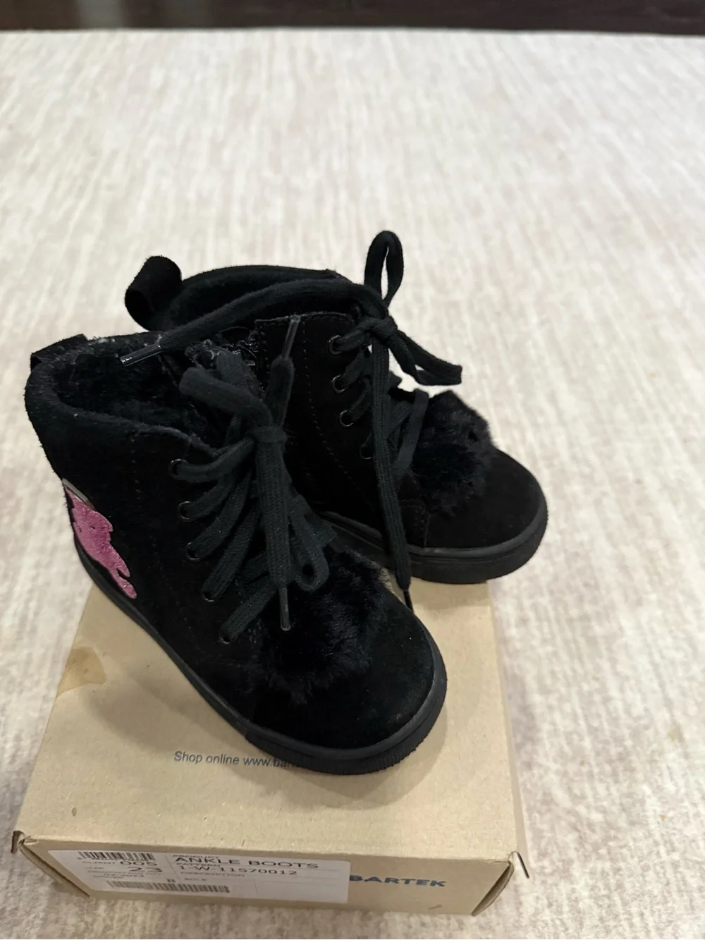 Bartek Kids Black Ankle Boots with Pink Bear Accent
